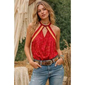 Free People 1 Thing Bodysuit scarf top halter neckline tie back closure Red S